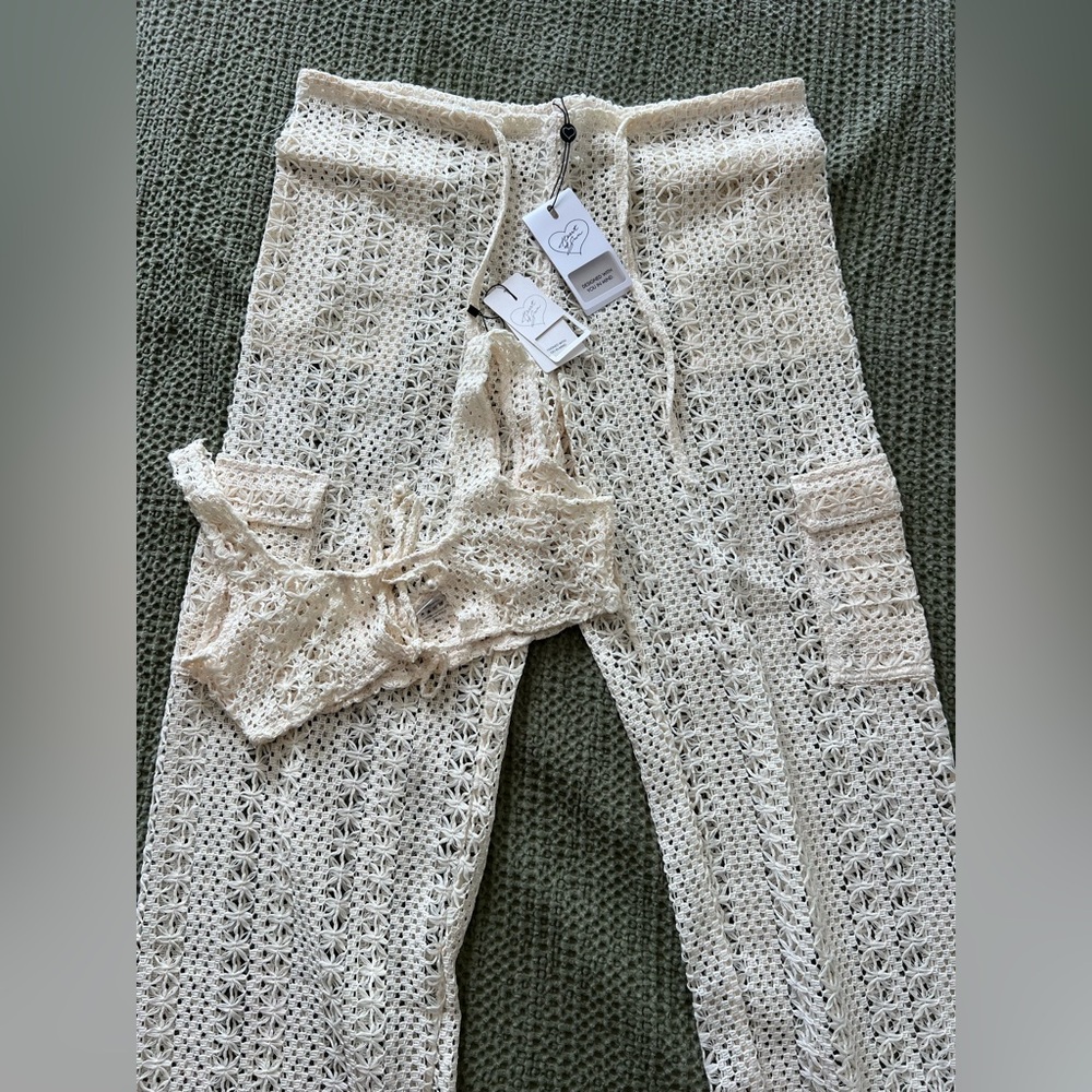 Heart of Sun Crochet Knit Pants and Top Set in Cream